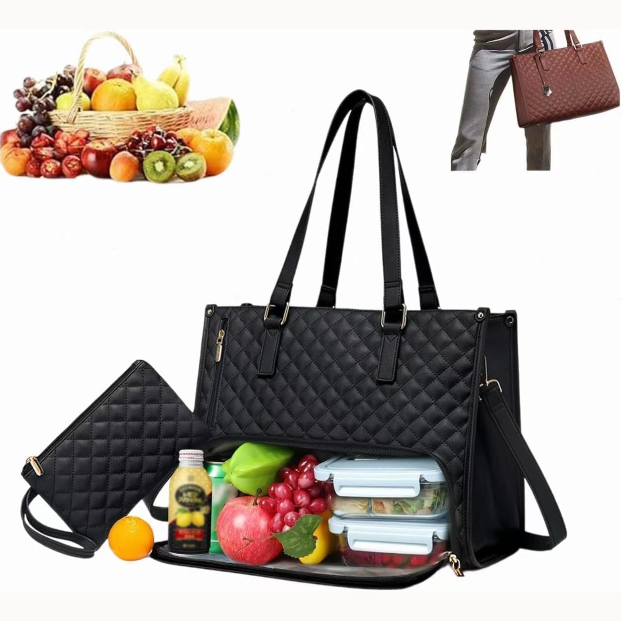 2 in 1 Lunch Tote Bag for Women, 5.6 Inch Leakproof Tote Bags with Insulated Lunch Compartment, Large Work Tote Bag with Lunch Compartment, Work Handbag for Business, Office