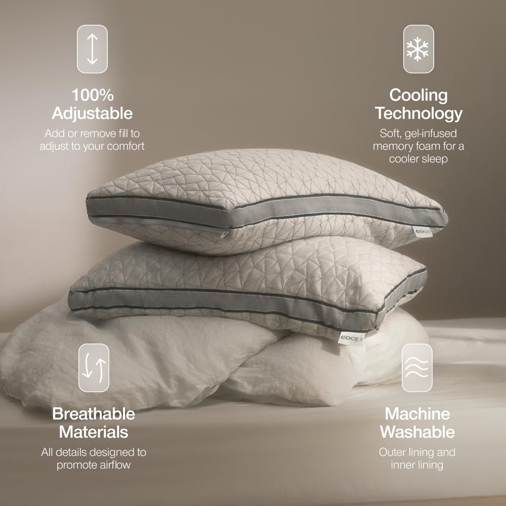 Coop Home Goods Eden Bed Pillow Queen Size for Sleeping on Back, Stomach and Side Sleeper- Medium Soft Memory Foam Cooling Gel - CertiPUR-US/GREENGUARD Gold - Medaid International