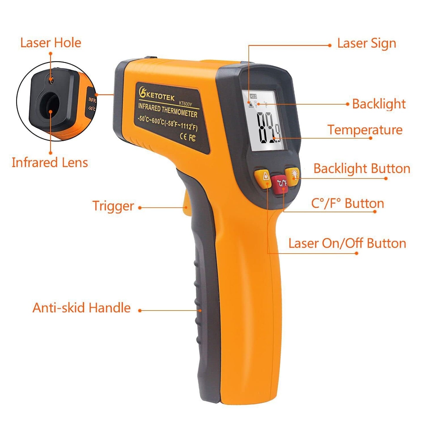 Ketotek Digital Infrared Thermometer Temperature Gun -58°F-1112 °F(-50°C - 600°C) Handheld Non Contact IR Laser Thermometer KT600Y for Cooking Meat Refrigerator Pool Pizza Oven BBQ Food - Medaid International