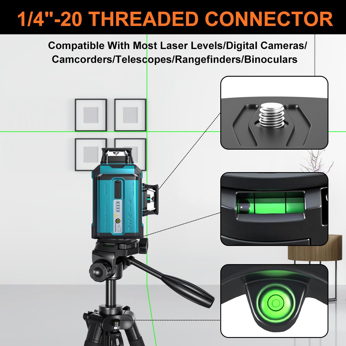 Takamine Lightweight Laser Level Tripod,58.27 Inch Adjustable Laser Level Stand, with 3-Way Rotating Head, 2 Bubble Levels, 1/4 Inch Threaded Interface - Medaid International