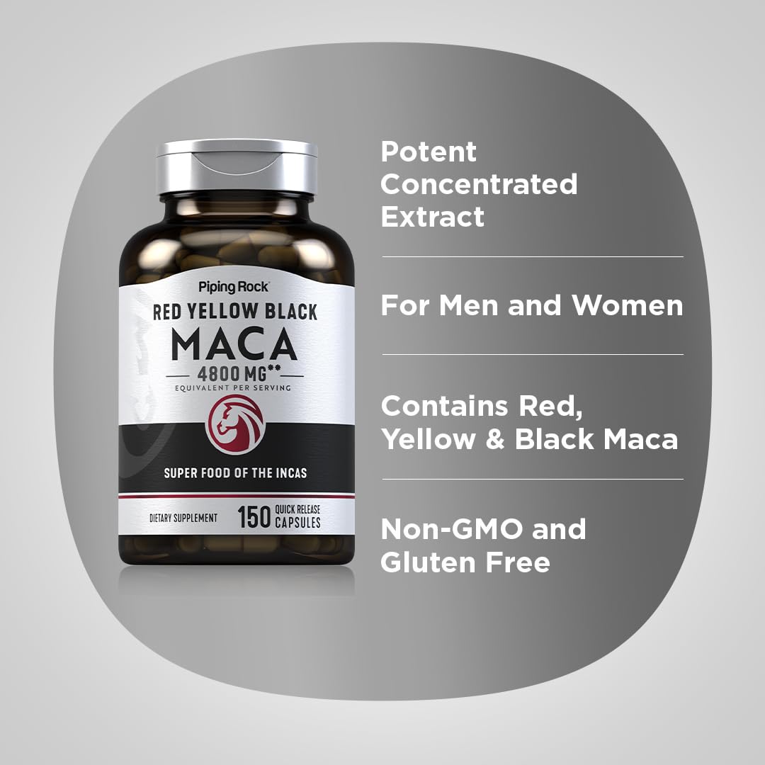 Piping Rock Maca Root Capsules | 4800mg | 150 Powder Pills | for Women and Men | Red, Yellow, and Black | Non-GMO, Gluten Free Supplement - Medaid International