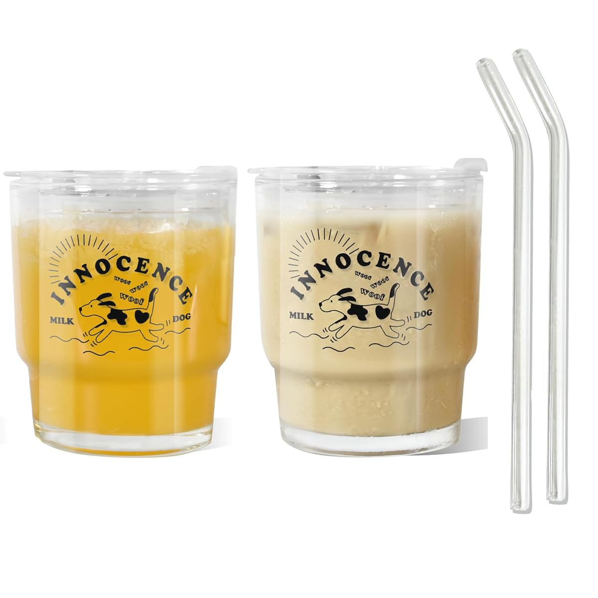KASTWAVE 13oz/400ml Glass Tumbler, 2 Pack Iced Coffee Cup with Glass Straw and Lid, Sealed Carry On Thick Wall Glass Tumbler for Water, Iced Tea, Fruit Juice, Milk, Beer