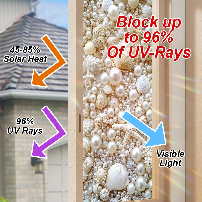 Window Film 17.3 x 39.3 Inch Decorative Seashell Pearl Starfish Privacy Glass Sticker Ocean Theme Self Adhesive Removable Window Covering for Bathroom Kitchen Door Coastal Home Décor - Medaid International