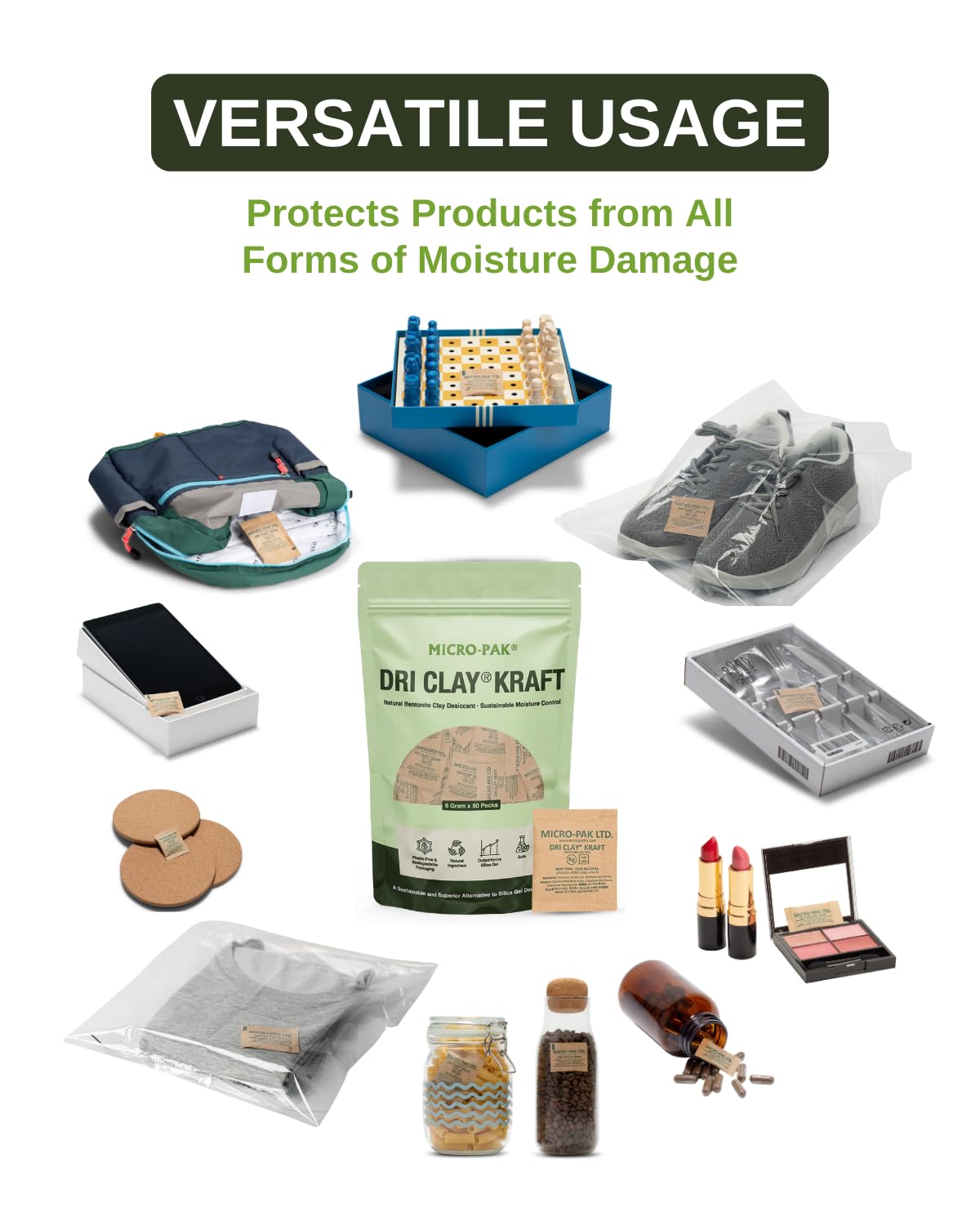 Micro-Pak Dri Clay Kraft, Highest Moisture Absorption Desiccant Packs, Silica Gel Packets Alternative, Food Safe Bentonite Clay, Desiccant Packs for Storage, Moisture Absorbers for Closet, 6gx50pcs - Medaid International