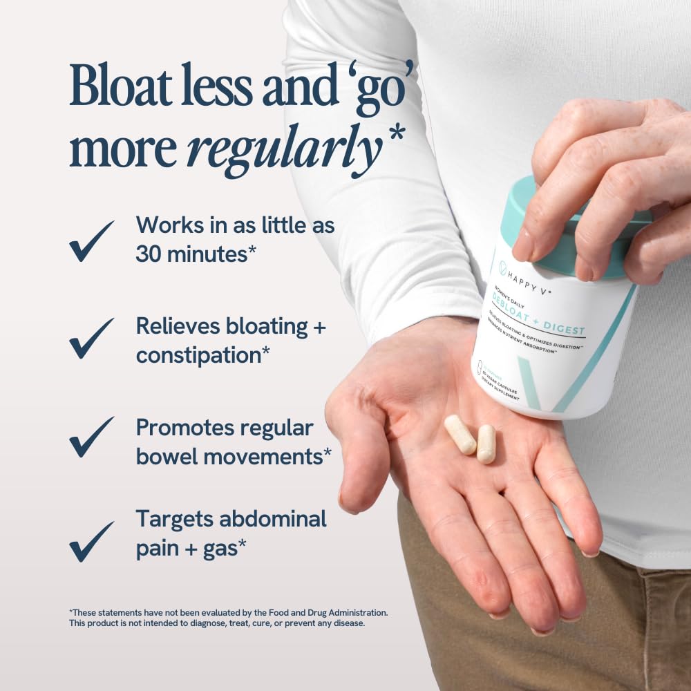 Happy V Debloat + Digest – Digestive Enzymes for Women to Support Bloating, Gas, Constipation, Gut Health, and Nutrient Absorption – Stomach Comfort & Digestion Support Supplement – 60 Vegan Capsules - Medaid International