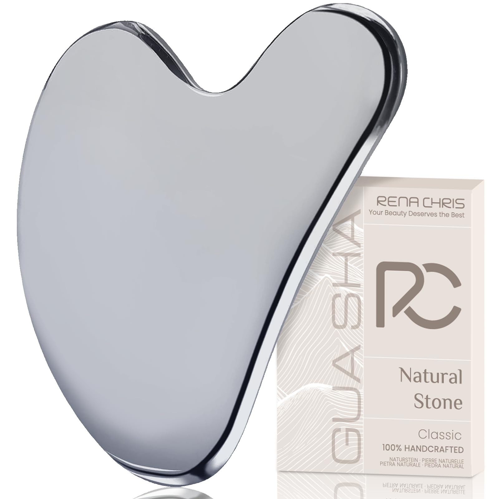 Rena Chris Gua Sha Facial Tools: Natural Terahertz Guasha Tool for Face Acupuncture Therapy, Facial Massager for Jawline Sculpting and Puffiness Reducing (Silver-Grey) - Medaid International