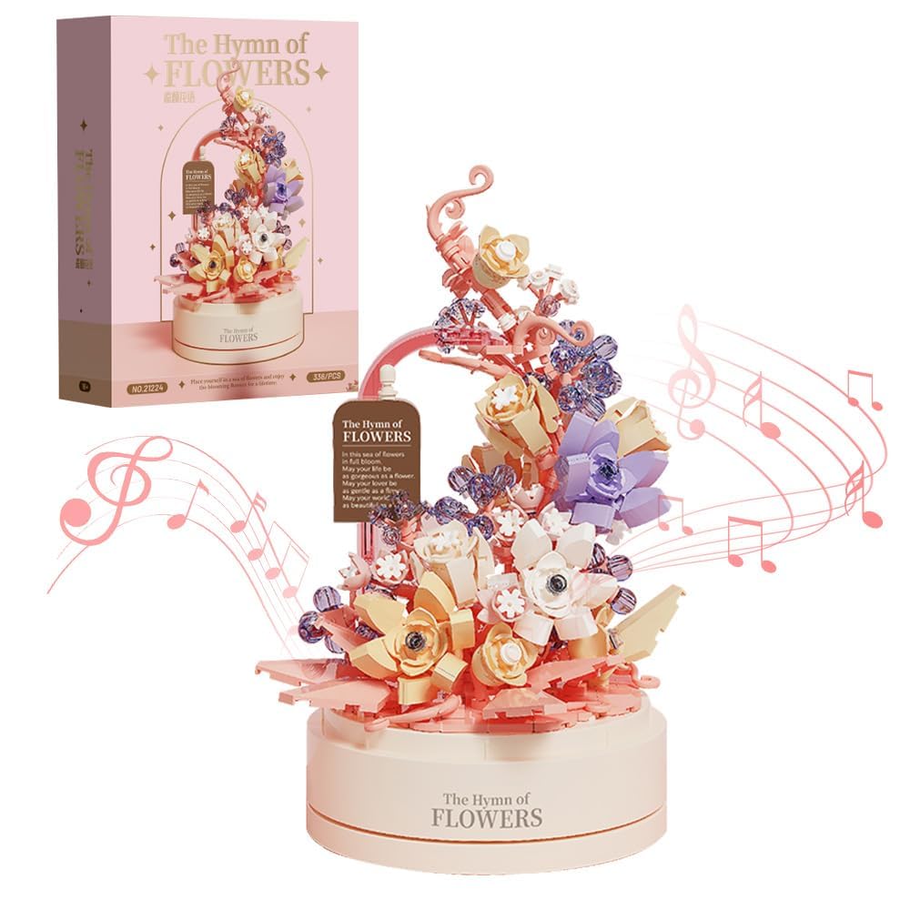KASTWAVE Flower Building Set with Music Box Base & LED, Ideal Floral Building Block Toy Gift for Girls 8+, Floral Building Toy Office Home Decor, Mini Brick 560 PCS
