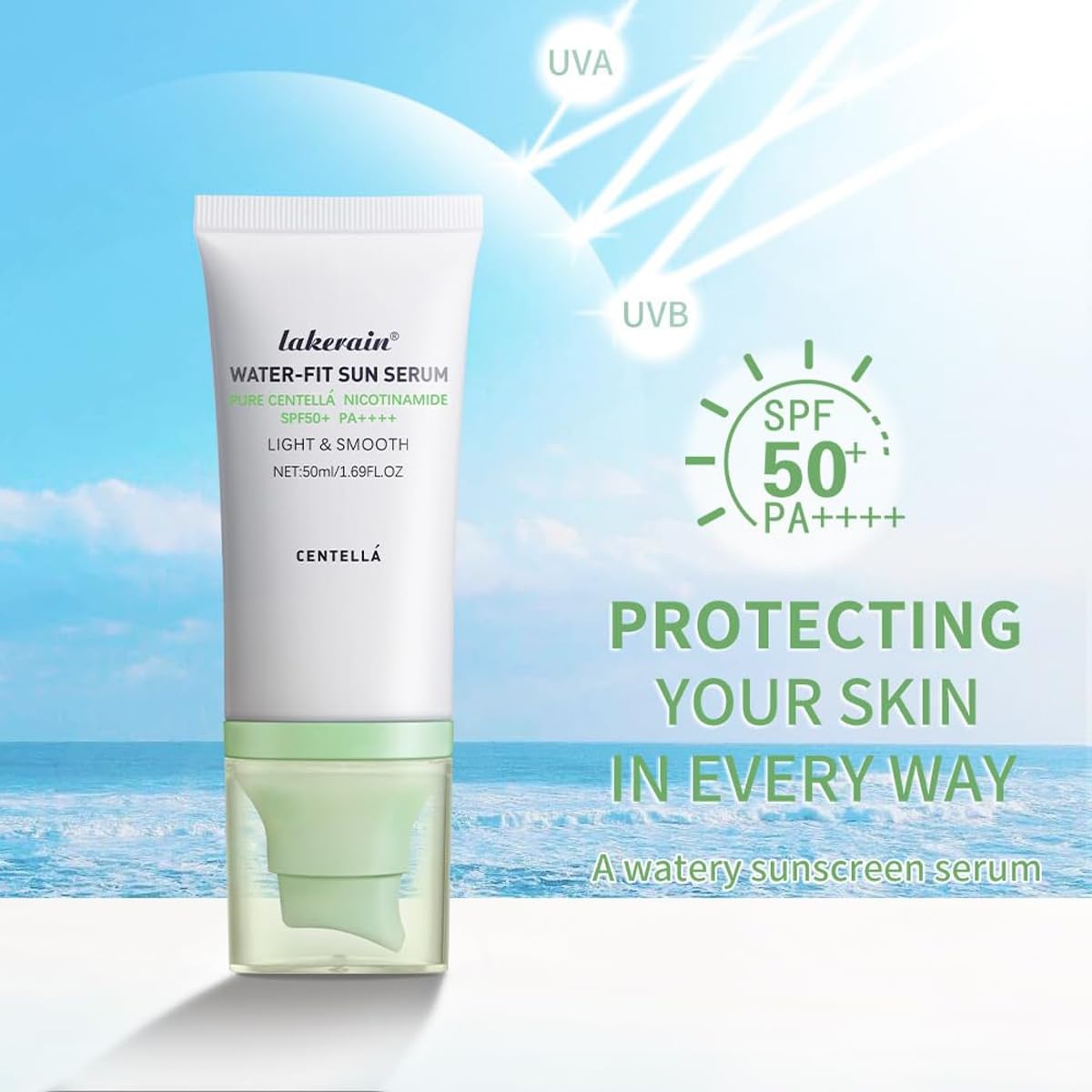 2PCS Centella Sunscreen SPF 50,Face Sun Screen Long-Lasting Protection,Madagascar Sunscreen,NO White Cast - Dry Oily Skincare,Moisturizing Non-Sticky Centella Water-Fit Sun Serum for All Skin. (Green) - Medaid International