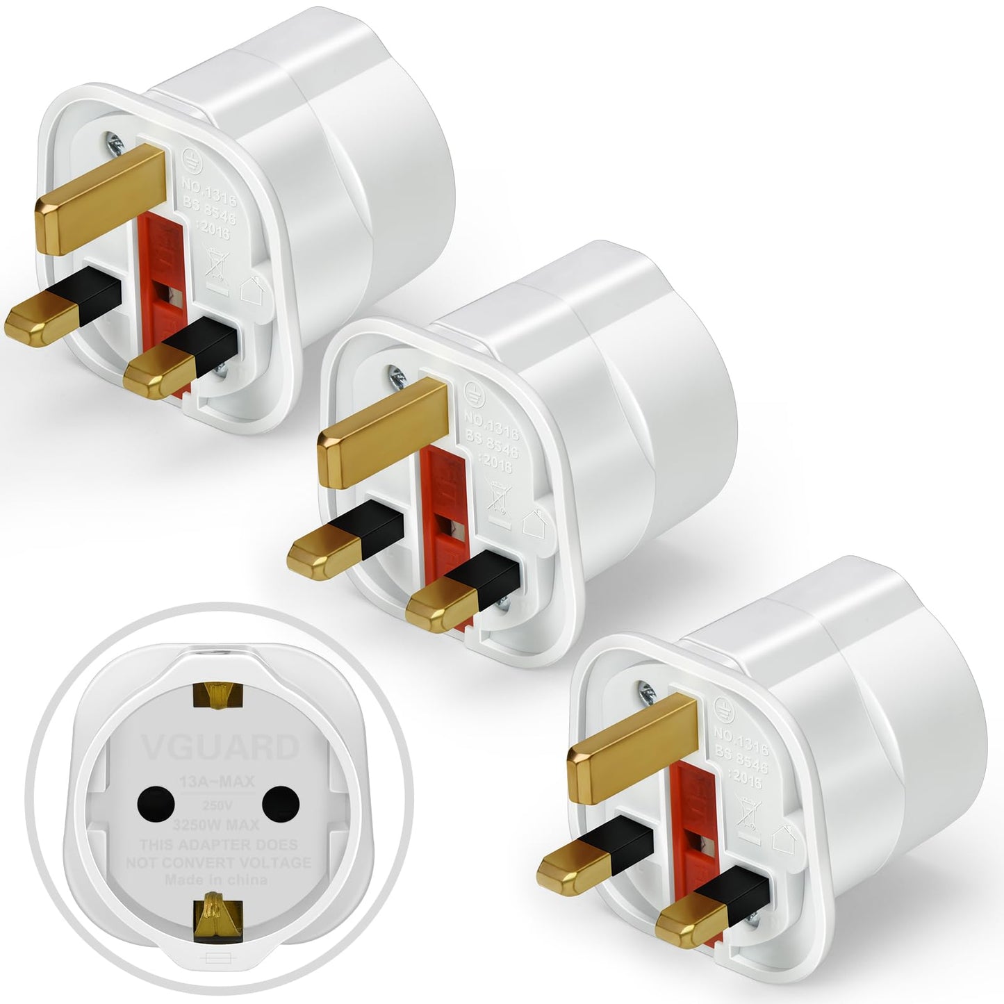 VGUARD Plug Adapter, 3 Pack EU to UK, White, for Travel from France, Italy, Spain, Germany to UK - Medaid International