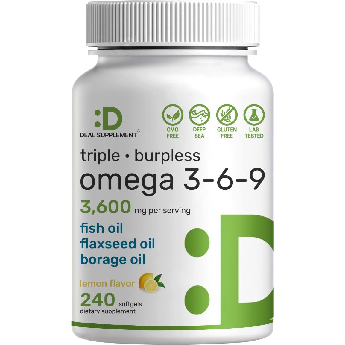 Triple Omega 3-6-9 Fish Oil Supplements 3,600mg – 240 Softgels with Flaxseed Oil & Borage Oils Complex – High EPA + DHA – Burpless Pills, Lemon Flavored, Wild Caught – Heart, Joint, & Brain Support - Medaid International