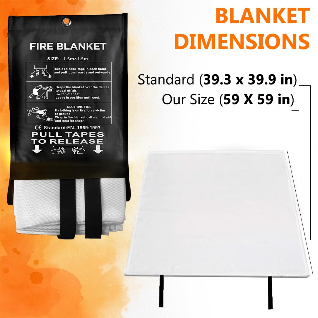 SAFECASTLE Emergency Fire Blanket 59"x59" Large Size, 2 Pack + 2 Hooks & 2 Gloves Fire Retardant Blanket with Fireproof Tabs for Home, Outdoor, Office, Car and Camping Fire Protection Survival Safety