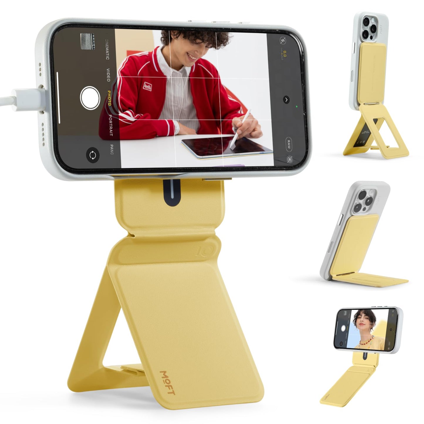 MOFT Phone Tripod Stand Selfie Stick for iPhone, Multi-Angles iPhone Stand, Lightweight & Portable Phone Holder, Strong Magnets, MOVAS Vegan Leather, Travel Essentials, Panna Cotta (Without Card Slot) - Medaid International