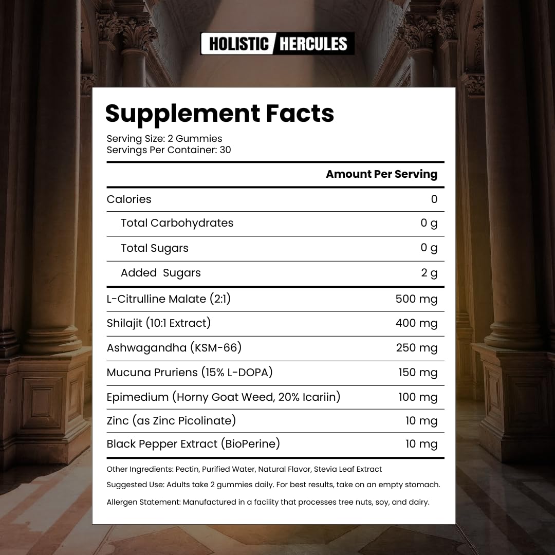 Holistic Hercules Himalayan Gold Shilajit Gummies with Ashwagandha Black Maca Tongkat Ali Panax Ginseng Mucuna | 100% Natural Organic | Vegan Non-GMO Sugar-Free (30) - Medaid International