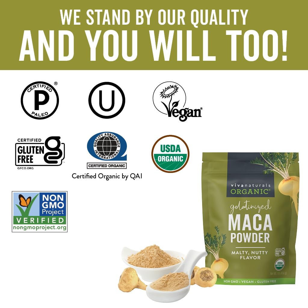 Viva Naturals Organic Maca Powder, Gelatinized, 16 oz (1 lb) – Vegan, USDA Organic, Gluten-Free, Non-GMO Peruvian Superfood in Resealable Bag - Medaid International
