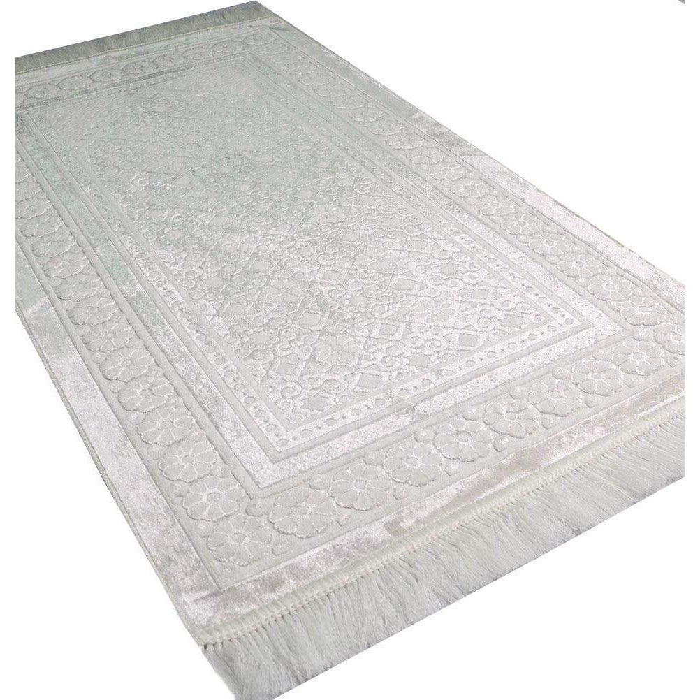 Modefa Velvet Prayer Rug - Soft Plush Turkish Janamaz Sajada Carpet for Men and Women - Plain Solid Prayer Mat Ramadan Eid Gift - with Prayer Beads - Luxury Floral Stamp (White) - Medaid International