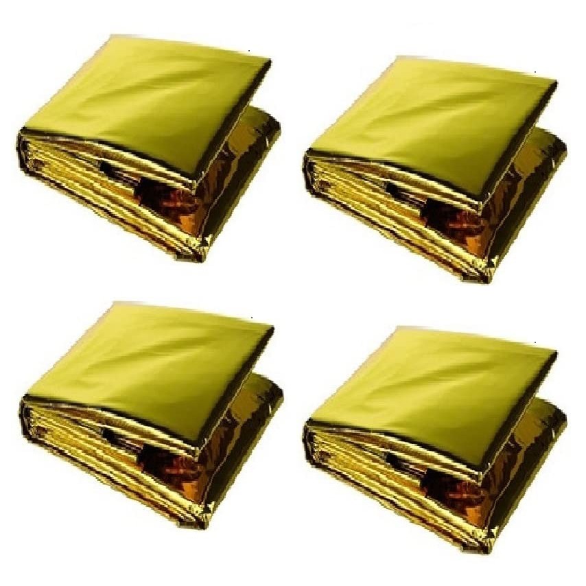 GALAXYLENSE Emergency Mylar Thermal Blanket for Survival First Aid Kits Army Outdoors Hiking Camping Bug Out Trauma Desert All Weather Condition Protection (4 Packs Gold)