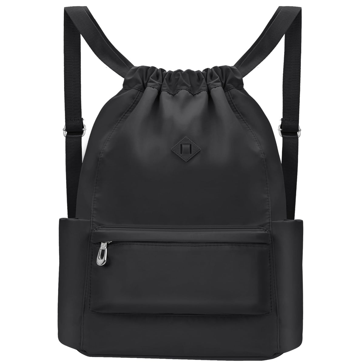 TERRIFI Drawstring Backpack for Gym Sports Travel & Daily Use, Waterproof Cinch Bag with Wet Pocket, Adjustable Pull String Sack for Men Women (Black)
