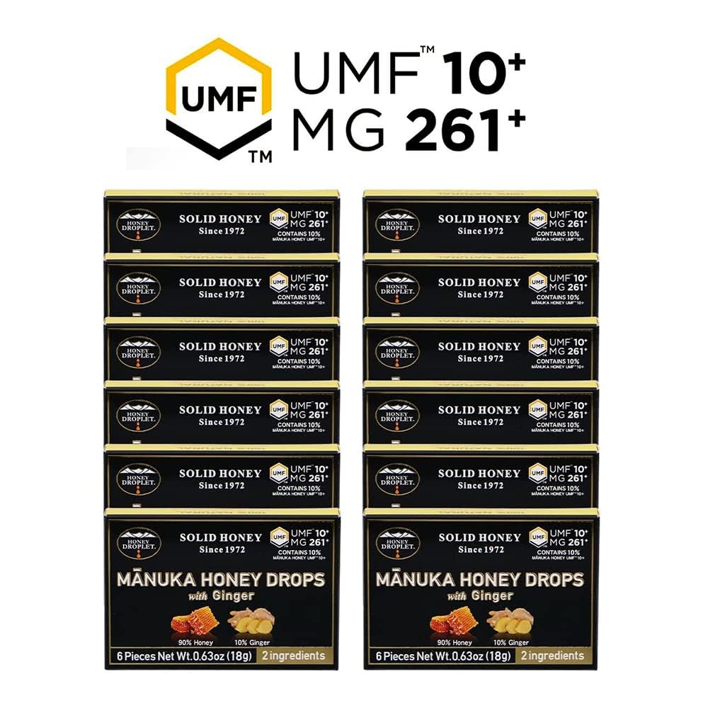 HONEY DROPLET] UMF™10+ (MG 261+) 100% Manuka Honey Drops, Truly Natural from New Zealand, 2 Premium Ingredient, 12 Packs (Ginger Flavor) - Medaid International