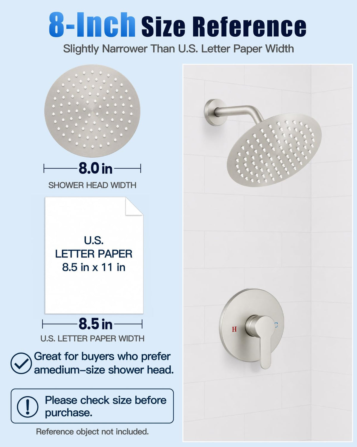 Heyalan Shower Faucet Set Brushed Nickel 8 Inch Round Showerhead Bathroom SUS304 Stainless Steel Rainfall Shower System Wall Mount Single Function Shower Trim Kit with Rough-in Valve 1 Handle