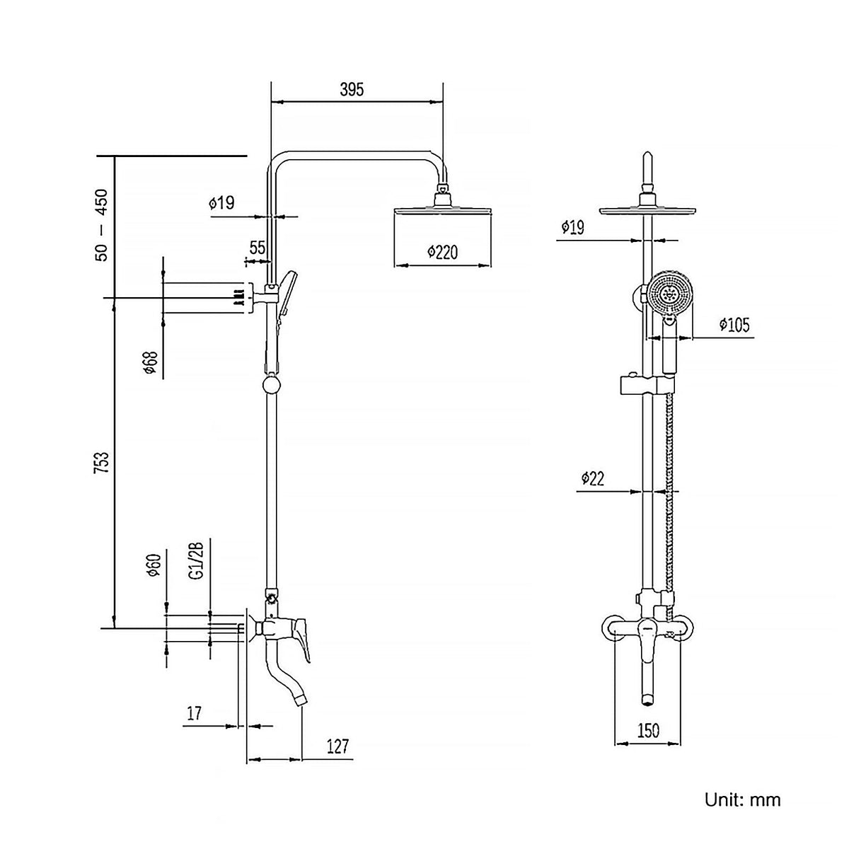 JOMOO Bathroom Shower Set, 9 "High Pressure Rainfall Shower, Handheld Showerhead and Shower Tap Combo, 3 Function Multifunctional Shower System with one button on/off, Chrome