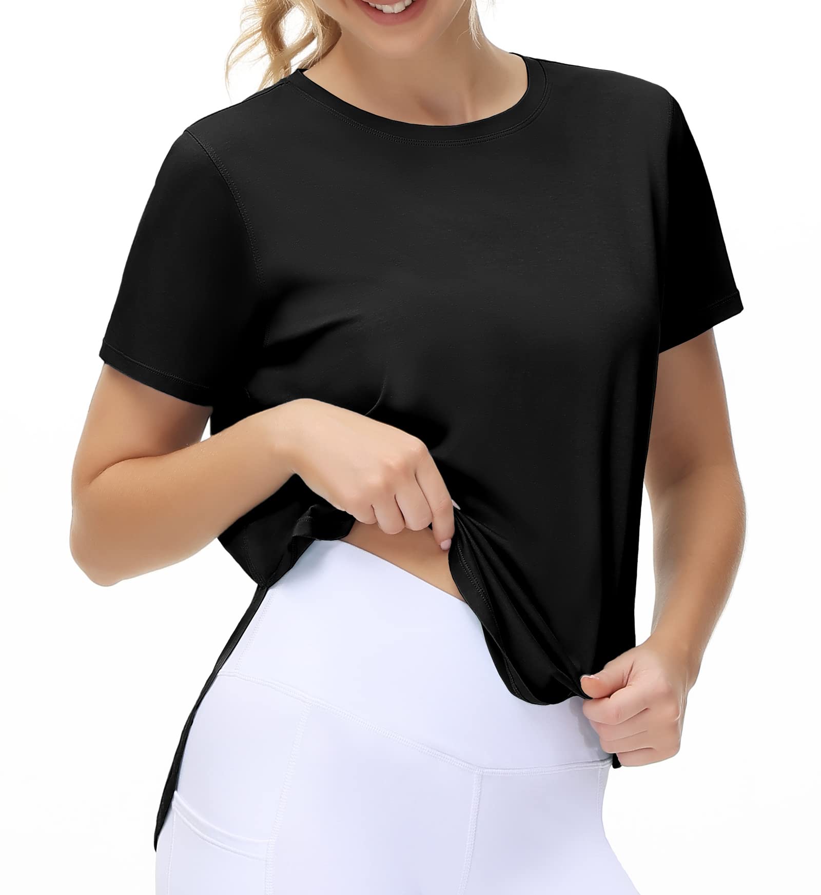 THE GYM PEOPLE Women's Workout T-Shirts Loose Fit Short Sleeve Cotton Running Basic Tee Tops with Split Hem - Medaid International
