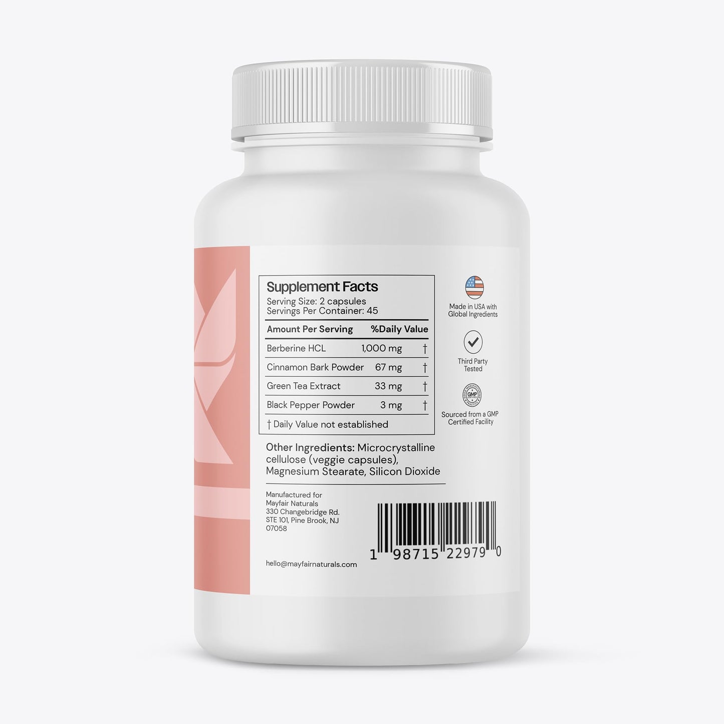 Mayfair Naturals Berberine Complex Supplement, with Cinnamon, Green Tea, and Black Pepper 90 Capsules - Medaid International