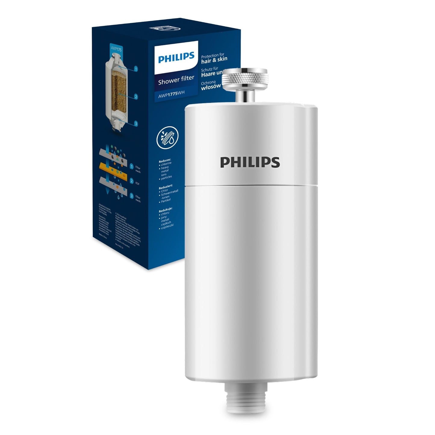 Philips AWP1775 - In-Line Shower Filter - Reduces Chlorine by up to 99 Percent I Easy to Instal I Fits all UK and Eire Shower hoses and taps I White