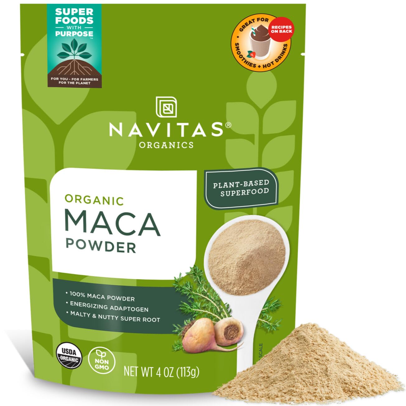 Navitas Organics Maca Powder – 100% Gelatinized Peruvian Maca for Adaptogen Smoothies, Lattes, Baking & More – Energize & Balance - USDA Organic, Non GMO, Vegan, Gluten Free (4oz. Bag, 23 Servings) - Medaid International
