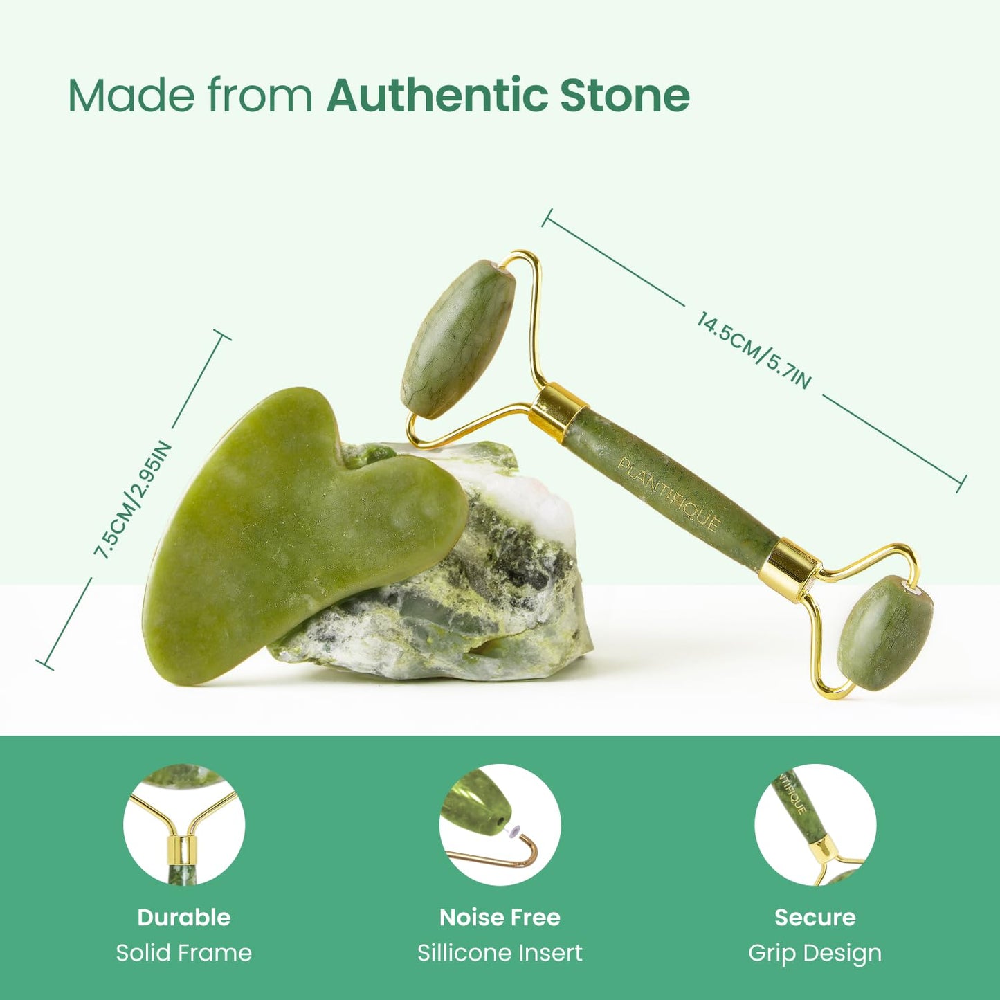 PLANTIFIQUE Jade Roller & Gua Sha Set – Real Jade Facial Tools for Skin Care Routine – Certified Face Massager for Radiant Skin - Medaid International