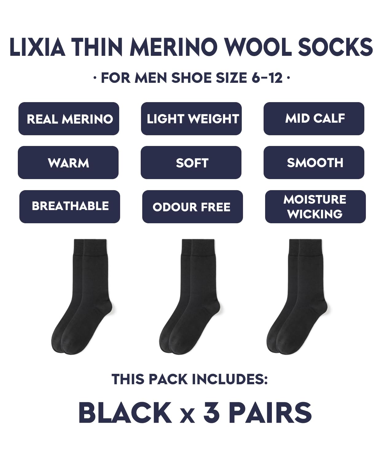 LIXIA Men's Thin Merino Wool Socks, Cozy Casual Winter Warm Breathable Mid-calf Dress Socks(3 Pairs - Black) - Medaid International