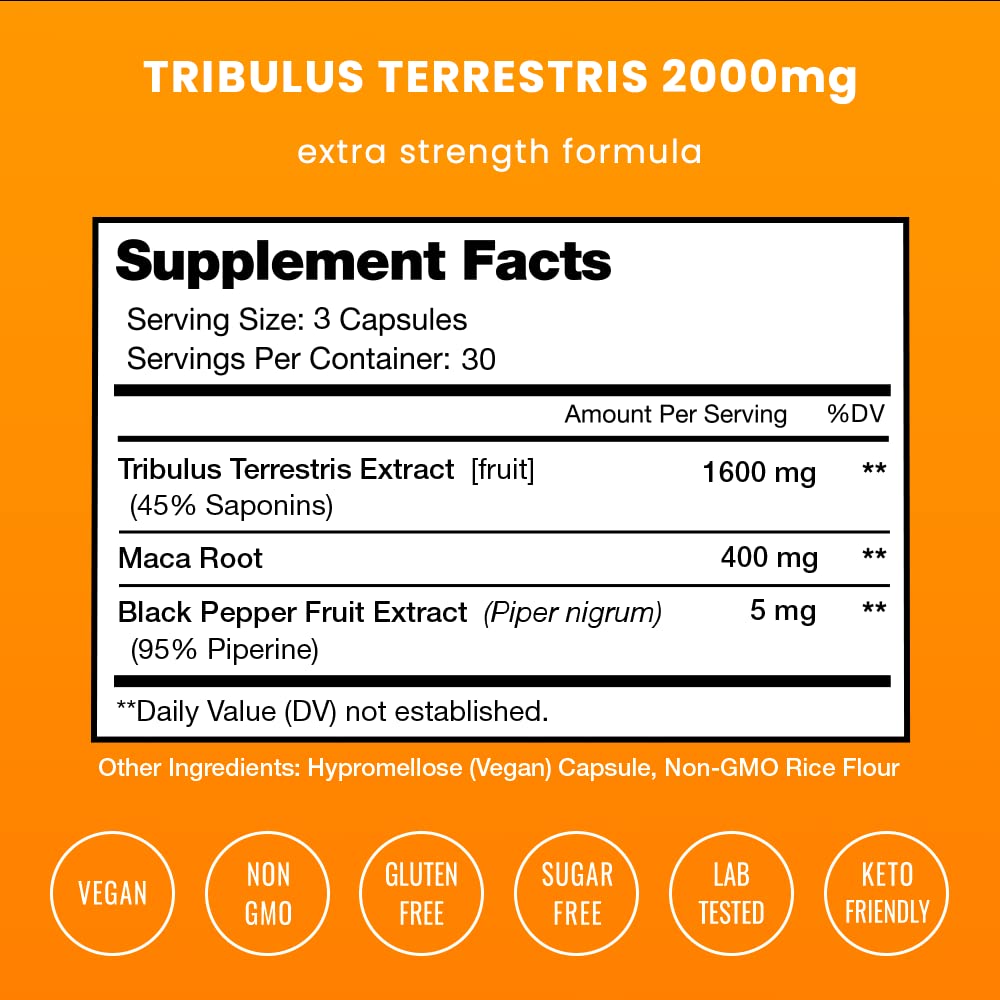 NutraChamps Tribulus Terrestris for Men, 2000mg Supplement Booster for Energy, Vitality, Stamina & Performance, Extra Strength Saponins, 90 Vegan Capsules - Medaid International