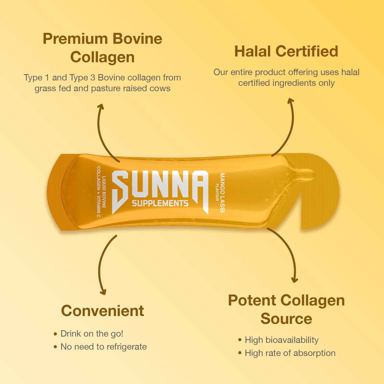 SUNNA SUPPLEMENTS - Halal Mango Lassi Collagen Drink with Vitamin C - 10000mg Bovine Liquid Collagen Peptides Women and Men - Hydrolysed Collagen Liquid Suitable for Everyone - 14 Sachets (35ml Each) - Medaid International