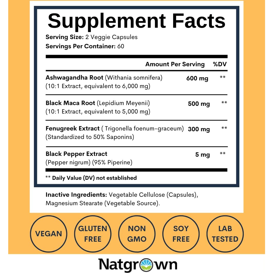 Natgrown Ashwagandha Maca Root Fenugreek Extract Capsules Supplement for Men & Women - Vegan Pills - (120 Count) - Medaid International