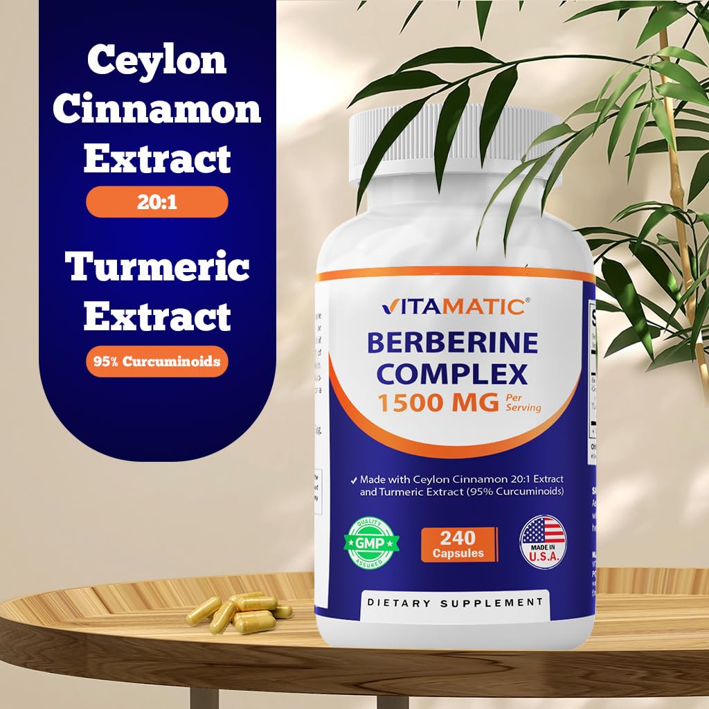 Vitamatic Berberine with Ceylon Cinnamon, 1500mg, 240 Vegetarian Capsules, Non-GMO, Gluten Free - Medaid International