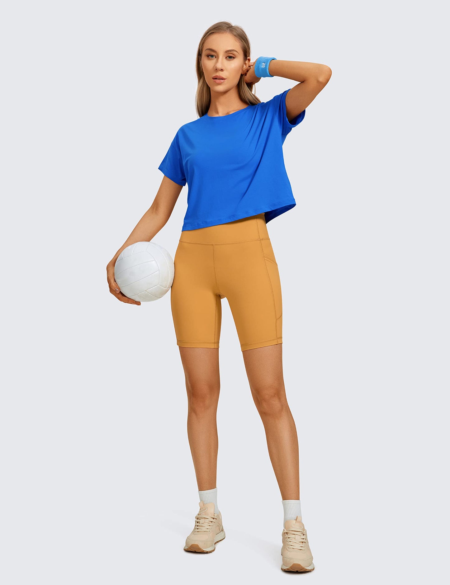 CRZ YOGA Women's Pima Cotton Workout Short Sleeve Shirts Loose Athletic Crop Tops Gym Casual Cropped T-Shirt Strong Blue Medium - Medaid International