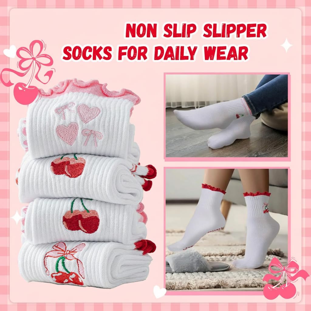 Non-Slip Reformer Pilates Socks, Grippy Socks with Breathable Fabric and Cute Embroidery, Ideal for Yoga, Pilates, Barre, Home Use, 4 Pairs
