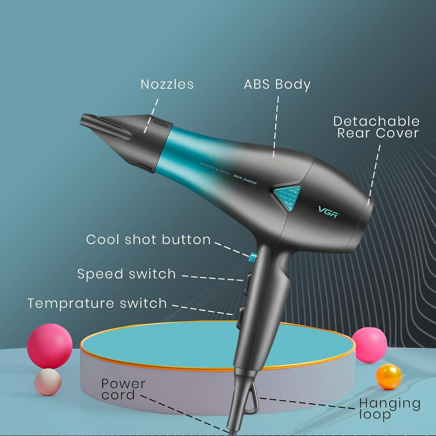VGR V455 Professional Hair Dryer for both men and women, Independent Cool Shot, 3 Heat and 2 Speed Settings, Detachable Rear Cover - Medaid International