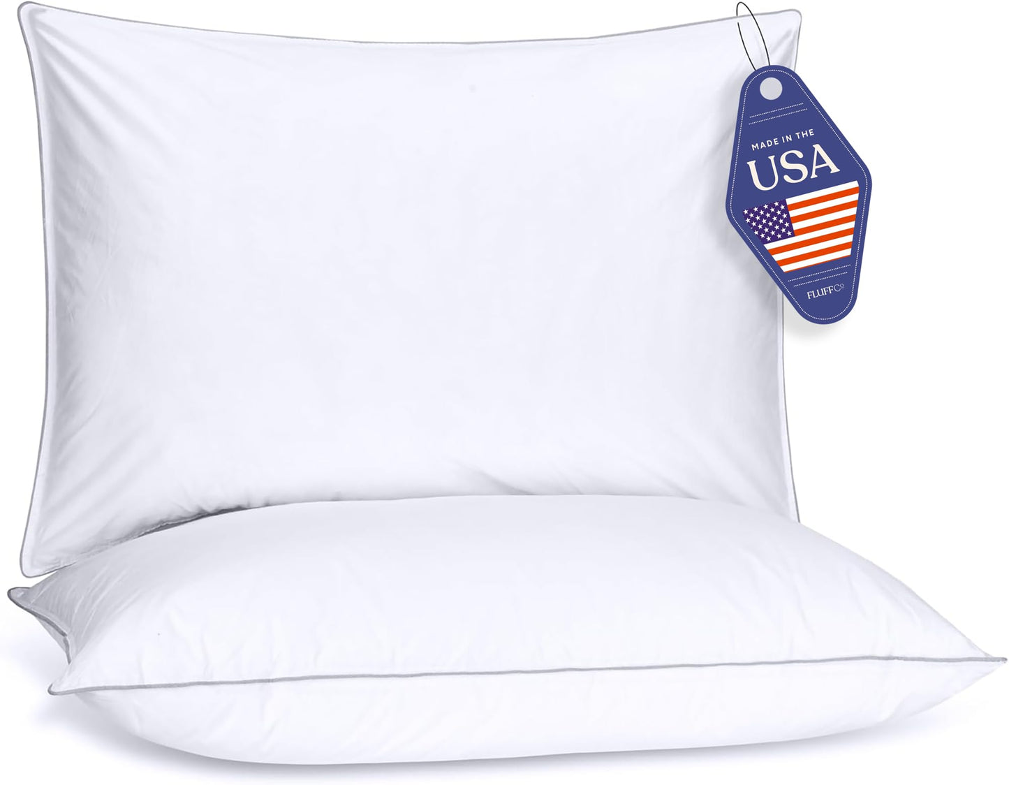 FluffCo Down Alternative Pillows Standard/Queen Size Set of 2 - Queen Bed Pillows for Sleeping - Made in USA - Cooling Surface and Machine Washable for Side, Back, and Stomach Sleepers - Medaid International