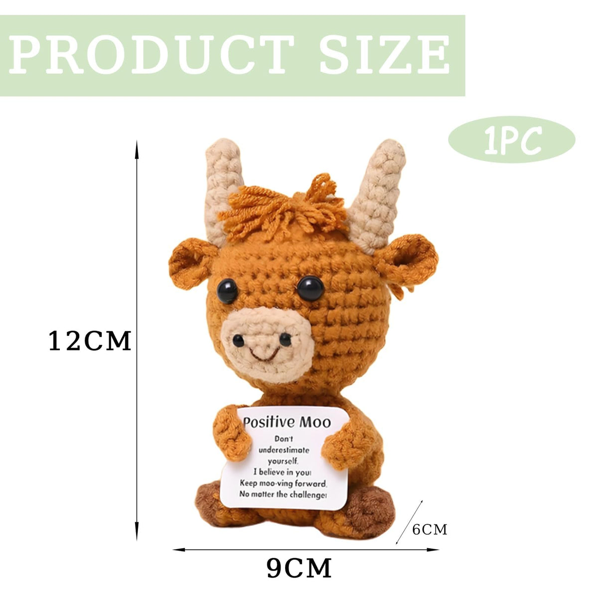 KASTWAVE Mini Positive Crochet Cow, Handmade Highland Cow Toy with Encouragement Card, Cute Crochet Animal Gift for Friends, Birthday, Good Luck & Desk Decoration