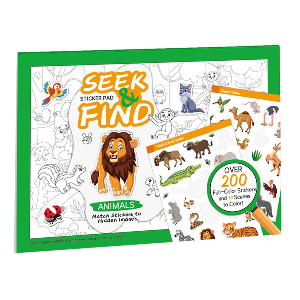 KASTWAVE Animal Sticker Book for Kids 3-6 | Find The Animal Sticker, 10 Themes with 200+ Stickers, Search & Find DIY Educational Toy for Toddlers