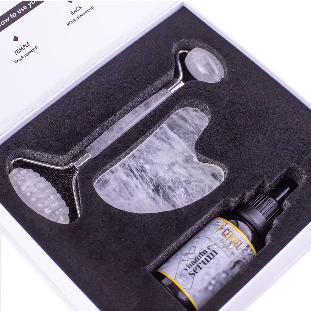 100% Real Crystal Jade Stone Roller and Gua Sha Set with Vitamin C Serum | Great for Eye Puffiness Treatment, Skin Tightening, Anti Aging, Rejuvenate Face & Neck | Great Gift for Women & Men (Crystal) - Medaid International