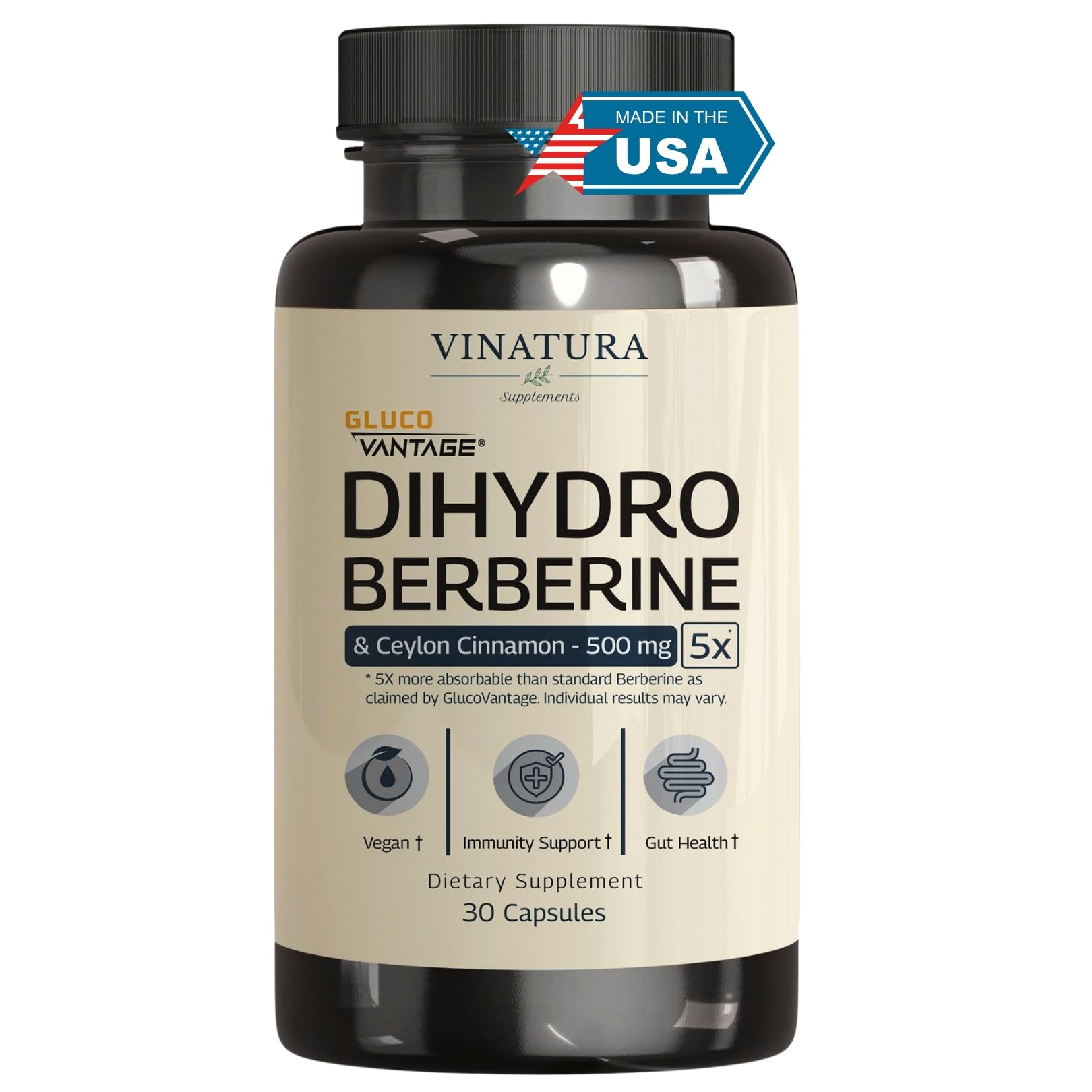 VINATURA Dihydroberberine Supplement with Ceylon Cinnamon, 500mg - (Patented GlucoVantage Super Berberine), Maybe Berberine 5X More absorbable - 30 Capsules - Medaid International