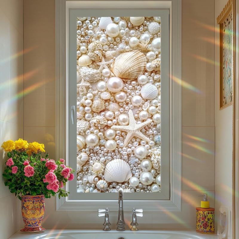 Window Film 17.3 x 39.3 Inch Decorative Seashell Pearl Starfish Privacy Glass Sticker Ocean Theme Self Adhesive Removable Window Covering for Bathroom Kitchen Door Coastal Home Décor - Medaid International