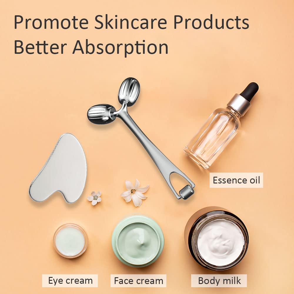 Yeamon Gua Sha Facial Tools and Face Roller Set, Facial Massage Tool for Women’s Skincare Routine,Cooling Stainless Steel Face Sculpting Eyes Roller Guasha for Daily Use or Self-Care Gift for Women - Medaid International