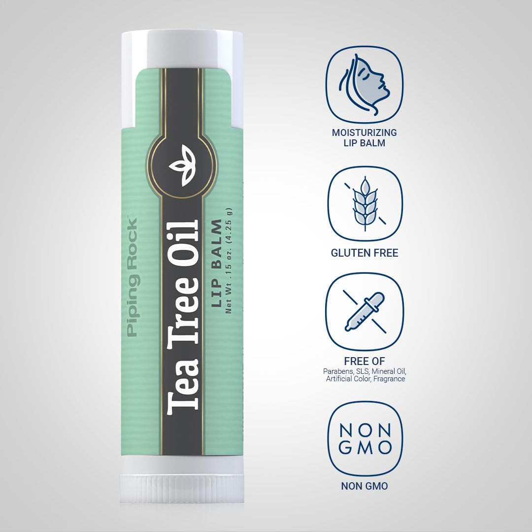 Piping Rock Tea Tree Oil Lip Balm | 0.15 oz | Moisturizing and Soothing | Non GMO, Gluten Free (Pack of 2) - Medaid International