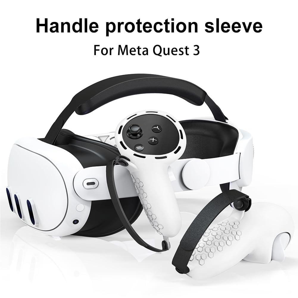TERRIFI Controller Grips for Oculus Quest 3 - Comfortable Silicone Cover with Controller Hand Straps, 2Pcs Rocker Cap and Joystick Protection, Reserve Precise Hole Positions (White)
