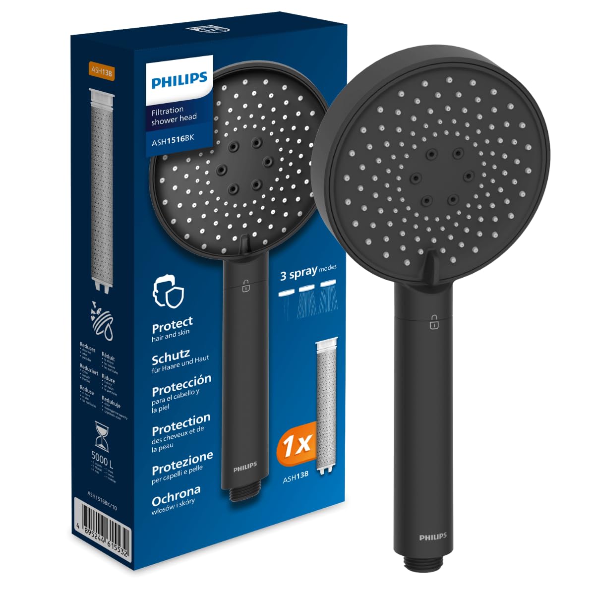 Philips Shower Water Filter, Protect Your Skin and Hair, Effectively Eliminate Chlorine and Other Large Particles, Three Spray Modes, 1 Meter Filtering Capacity, Black