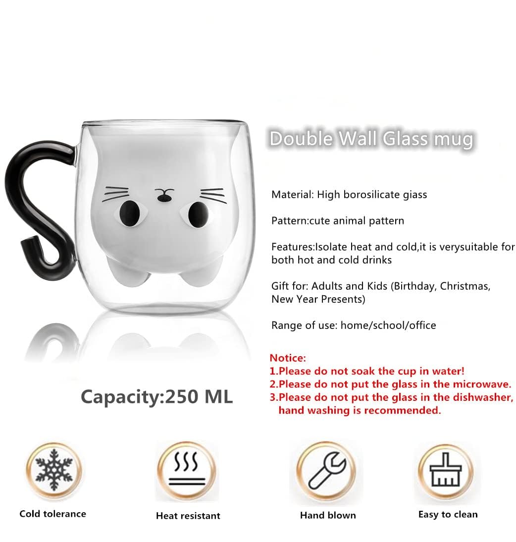 KASTWAVE Black Cat Mug Cute Mug with Handle Double Walled Coffee Mug Kawaii Cat Presents for Women Glass Mugs Tea Cup Cute Birthday Gifts Mug for Cat Lovers Birthday Present Idea
