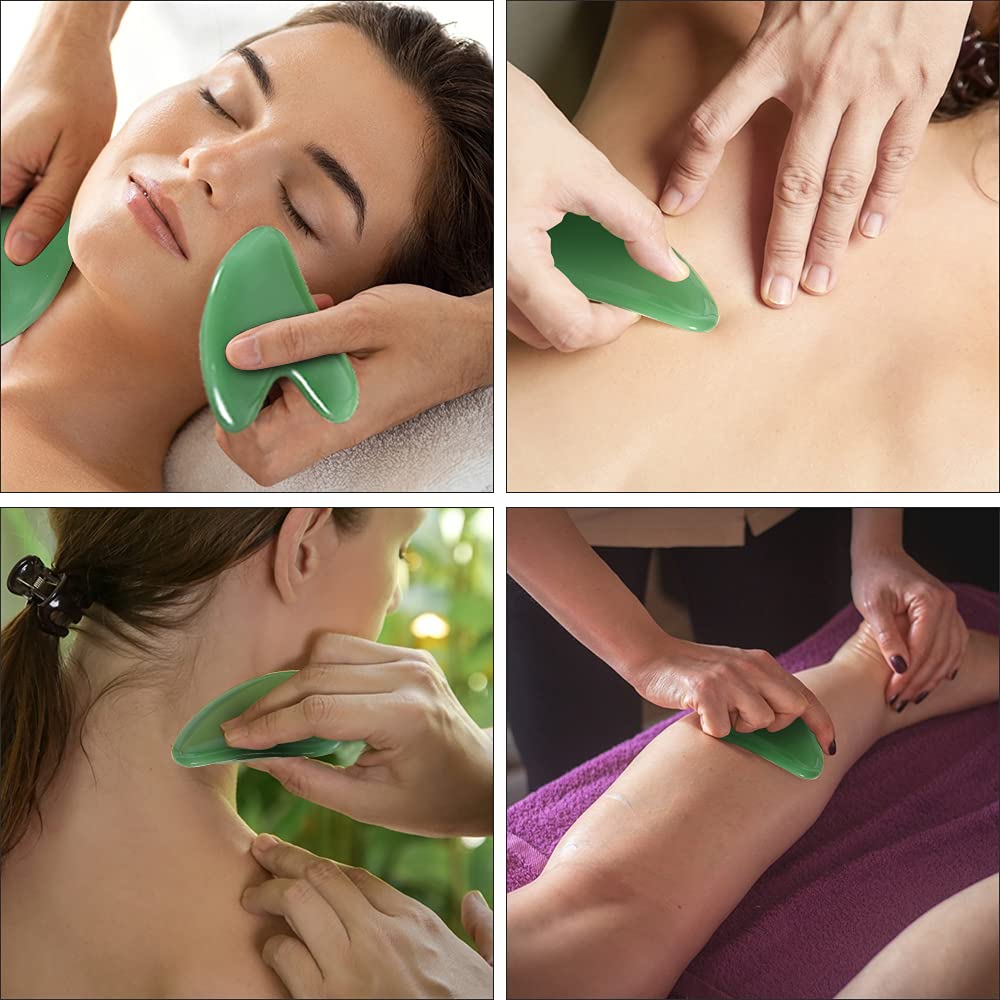 URAQT Gua Sha Massager Tool, 2 Pcs Natural Jade Stone Guasha Board, Gua Sha Scrapping Massager Stones for Physical Therapy and SPA Acupuncture Therapy, Guasha Facial Tool for Face, Eye, Neck, Body - Medaid International