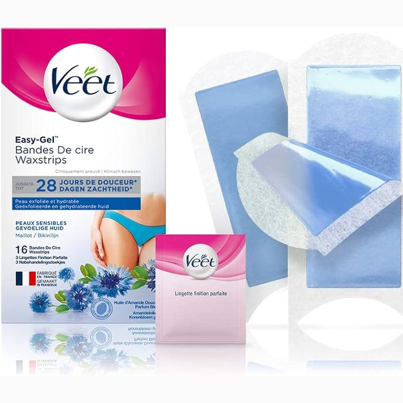 Veet® Bikini and Underarm Wax Strips with Vitamin E and Almond Oil for sensitive skin 16 strips, 4 wipes